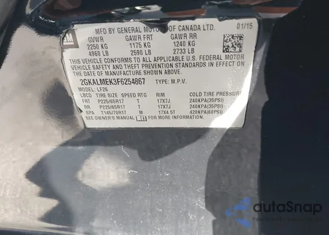 2015 GMC Terrain Sle-1 z USA, uszkodzony, nr VIN 2GKALMEK3F6254867